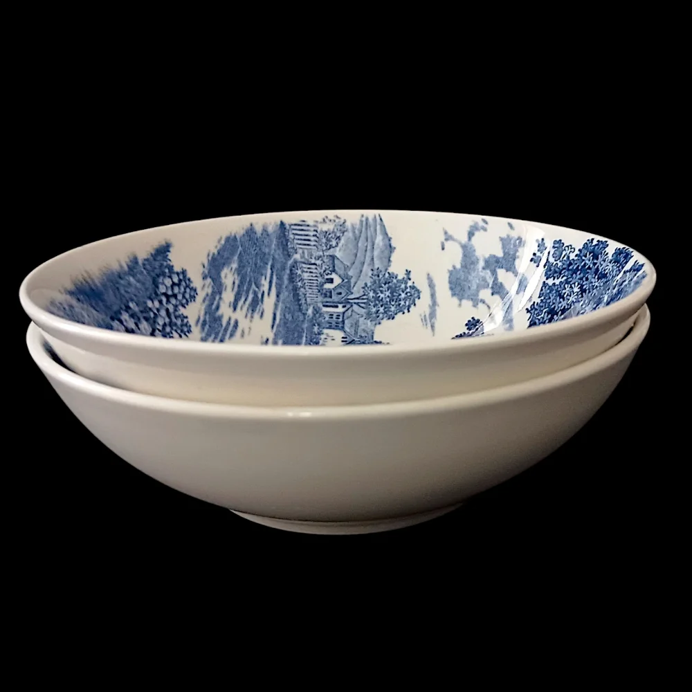 2 Holmar English Village Bowls Set Soup Cereal‎ Berry Blue White Vintage Japan